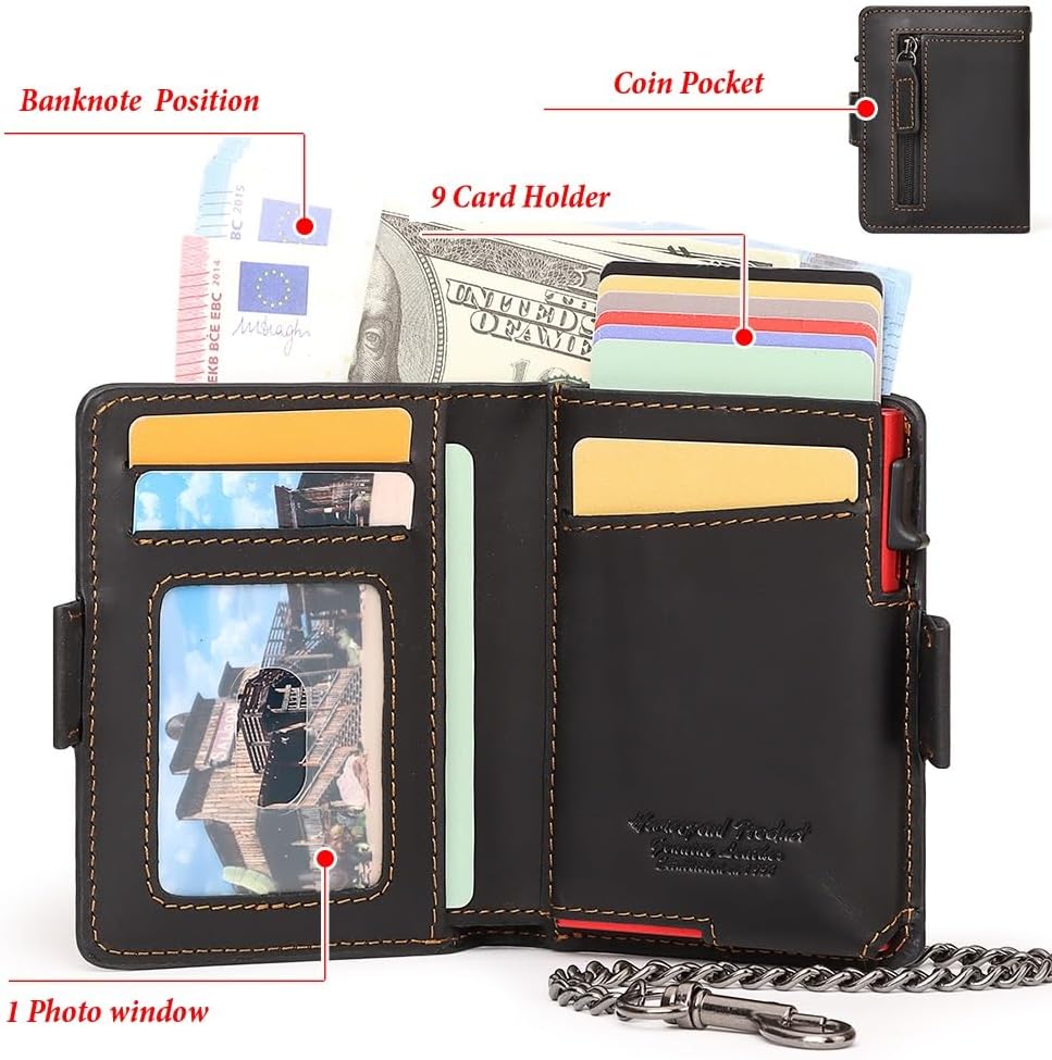 Mens Wallet Card Holder: Pop Up Aluminum Case, Genuine Leather, Smart, RFID Blocking, Slim, Minimalist, Front Pocket - 9-12Capacity | ID Window | Cash Slot
