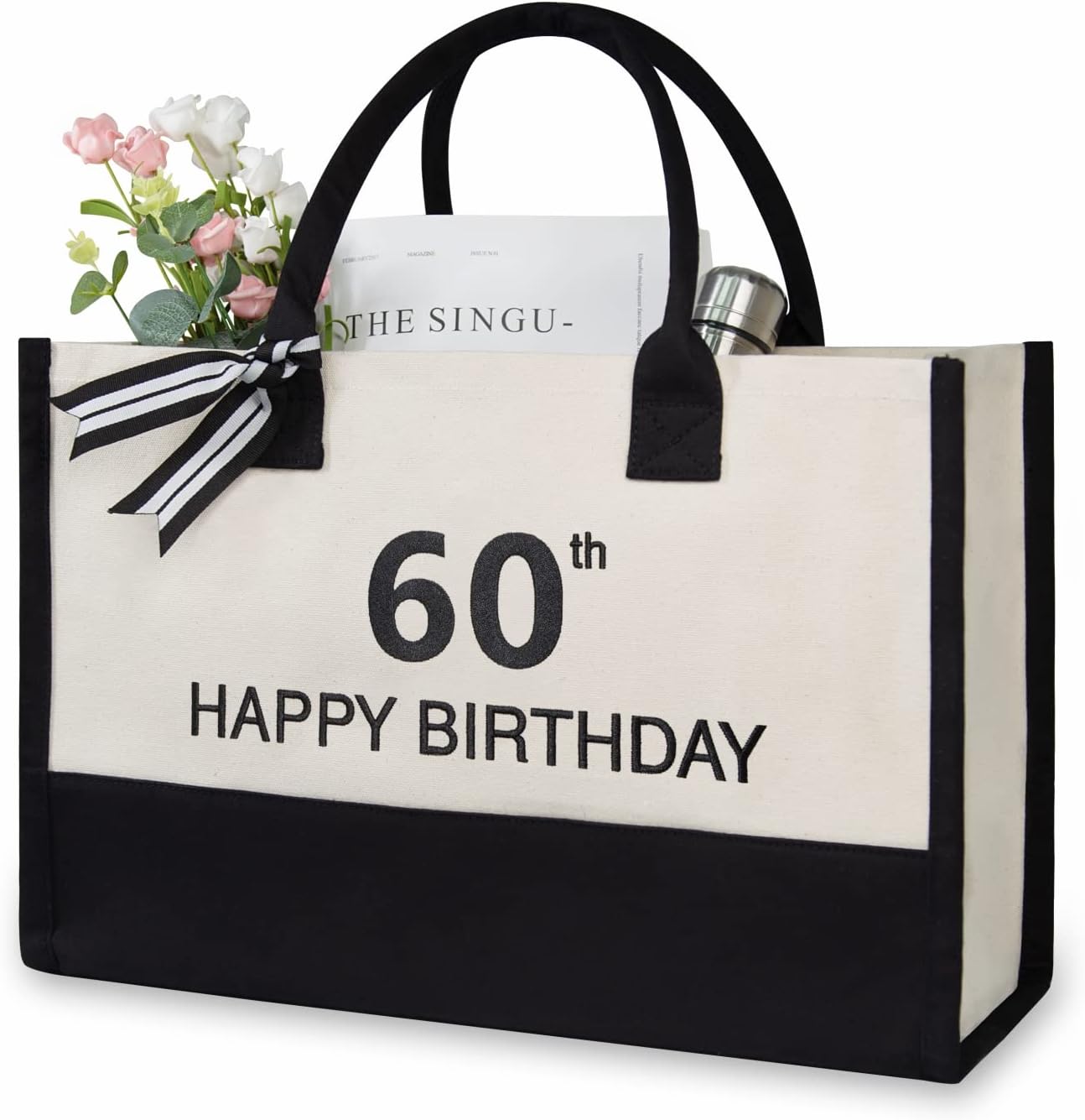 TOPDesign Embroidery Canvas Tote Bag for Women, 60th Birthday Gifts for Her, Wife, Mom, Sister, Daughter, Aunt, Best Friend, Coworker, Turning 60 Years Old Present, Personalized Bag for Beach, Holiday