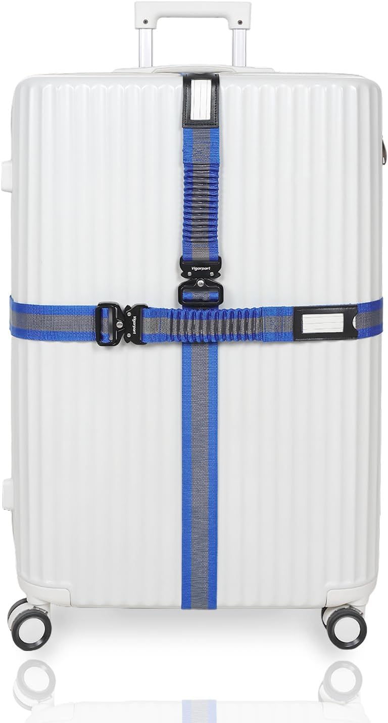 Vigorport Luggage Straps for Suitcases 2 Pack, Heavy Duty Metal Buckle Luggage Belt Strap, TSA Approved Suitcase Belt, Stretchable Travel Strap for Luggage (Blue, 42"-72" Long)