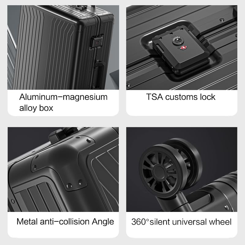 Metal all aluminum carry-on suitcase 20 "hard face, TSA lock and rotating wheel zippered luggage set (black, 24 '')