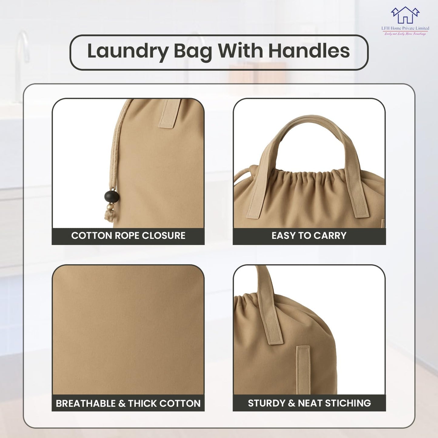 LFH Home Cotton Canvas Large Laundry Bag with Handle, Heavy Duty Drawstring Closure Washable Laundry Bags, School Travel, Home, Hotel, College Dorm, Organizer Sack, Toys Clothes 28x40-Beige