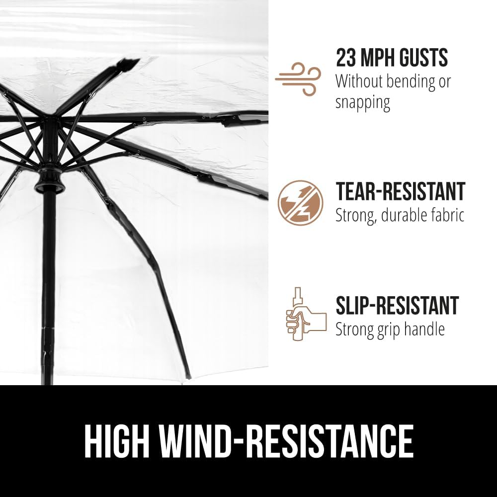 GORILLA GRIP Strong Stick Umbrella for Rain, Compact Travel One-Click Automatic Open Close, Lightweight, Portable, US Designed Reinforced Fiberglass Ribs, Wind Resistant, Easy Collapse, Clear