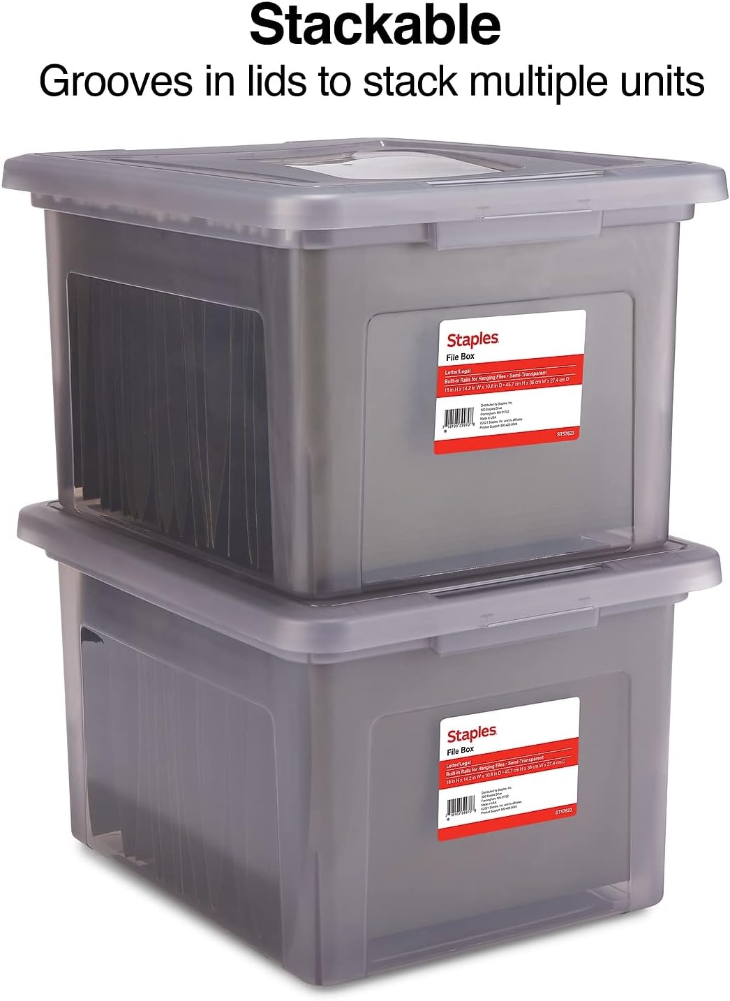 STAPLES Hanging File Folder Box, Storage Bin Organizer, Snap Lid, Letter & Legal Size Documents, Frost Gray