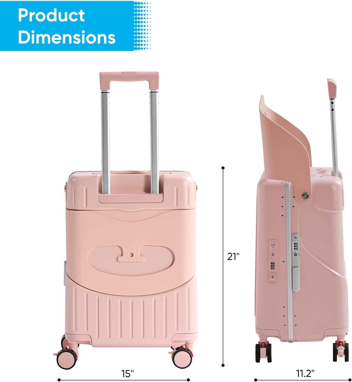 TABU 20" Ride-on Luggage with Seat，Front Opening Carry-On Hardshell Ride On Suitcase with Built-in Charging Port, 360° Lockable Spinner and TSA Lock, for Kids & Adults, Pink