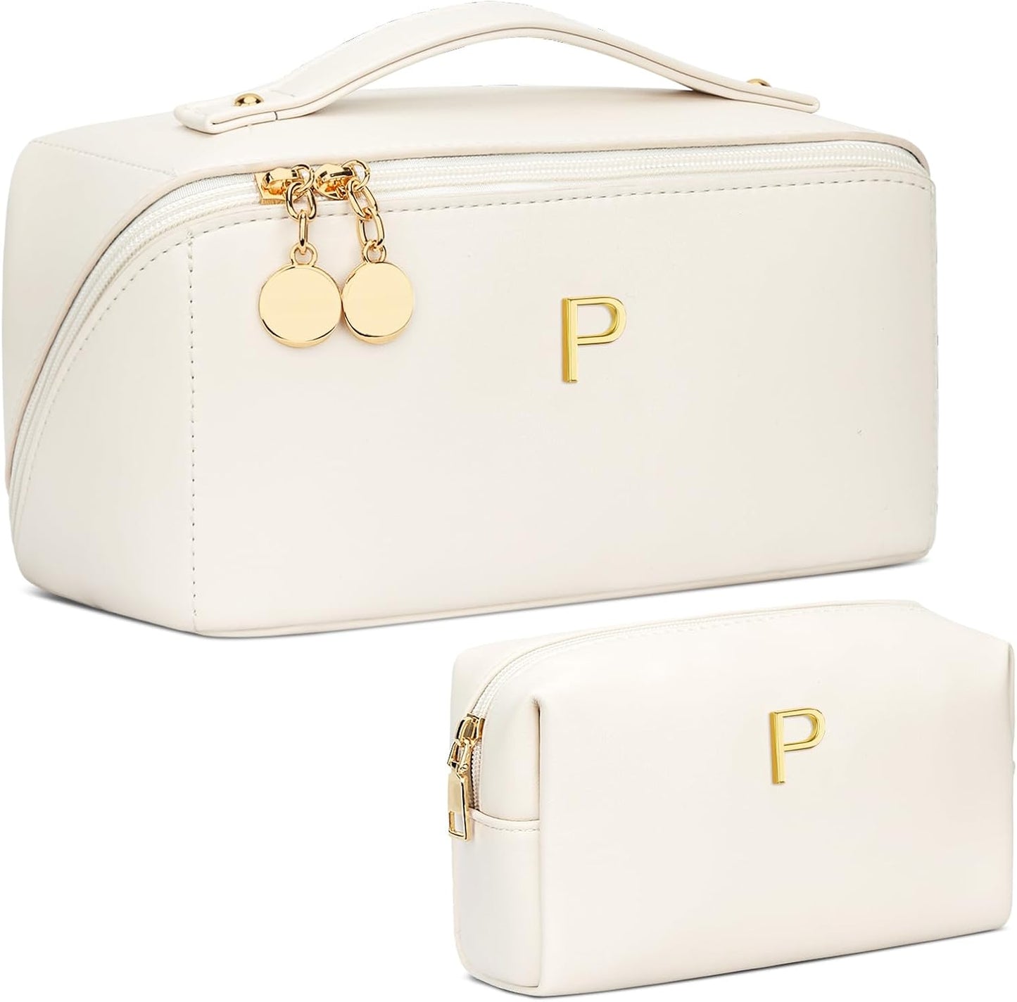Birthday Gifts for Women Teen Girl, Personalized Initial Makeup Organizer Bag Set, Open Flat Travel Cosmetic Bag With Clear Divider and Handle(Beige,P)