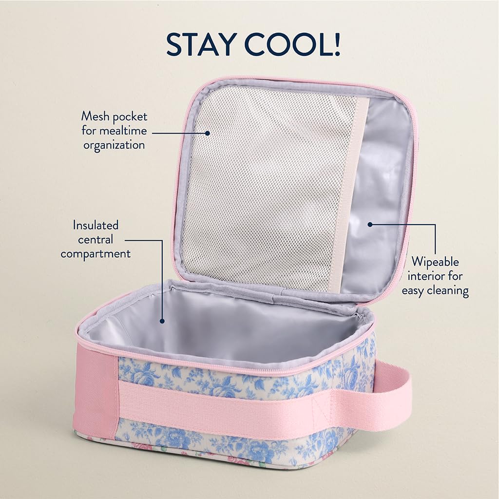 Itzy Ritzy Toddler Lunch Box - Kids Lunch Bag is Insulated and Includes Water Bottle Holder Plus 2 Pockets - Durable, Easy to Clean Lunch Box Toddler Bag (Ribbons & Roses)
