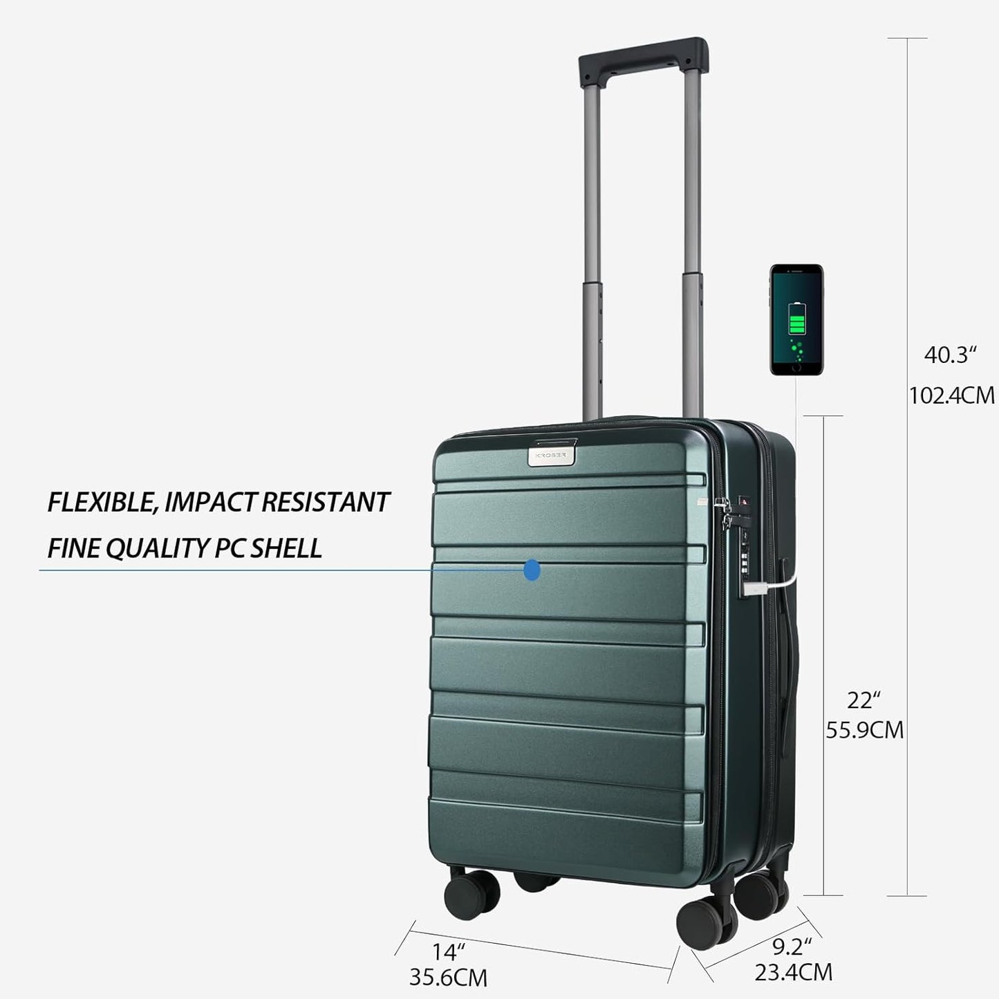 KROSER Carry On Luggage with Spinner Wheels & Built-in TSA Lock, Expandable Top Loading Hard Shell Suitcase Large Capacity Durable Rolling Luggage with USB Port, Carry-On 20-Inch, Dark Green