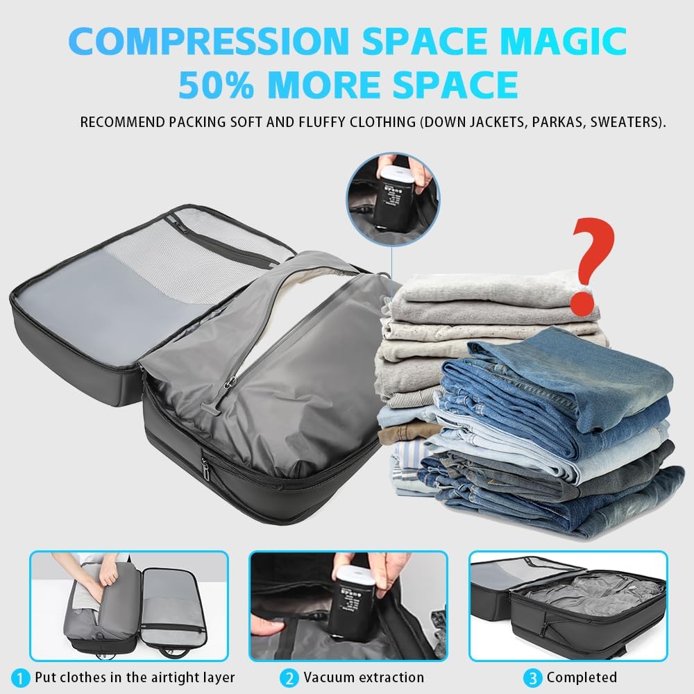 TANGCOLR Vacuum Travel Backpack with Pump for Men Women, 47L Expandable Vacpack Laptop Backpack Flight Approved with Vacuum Compression System