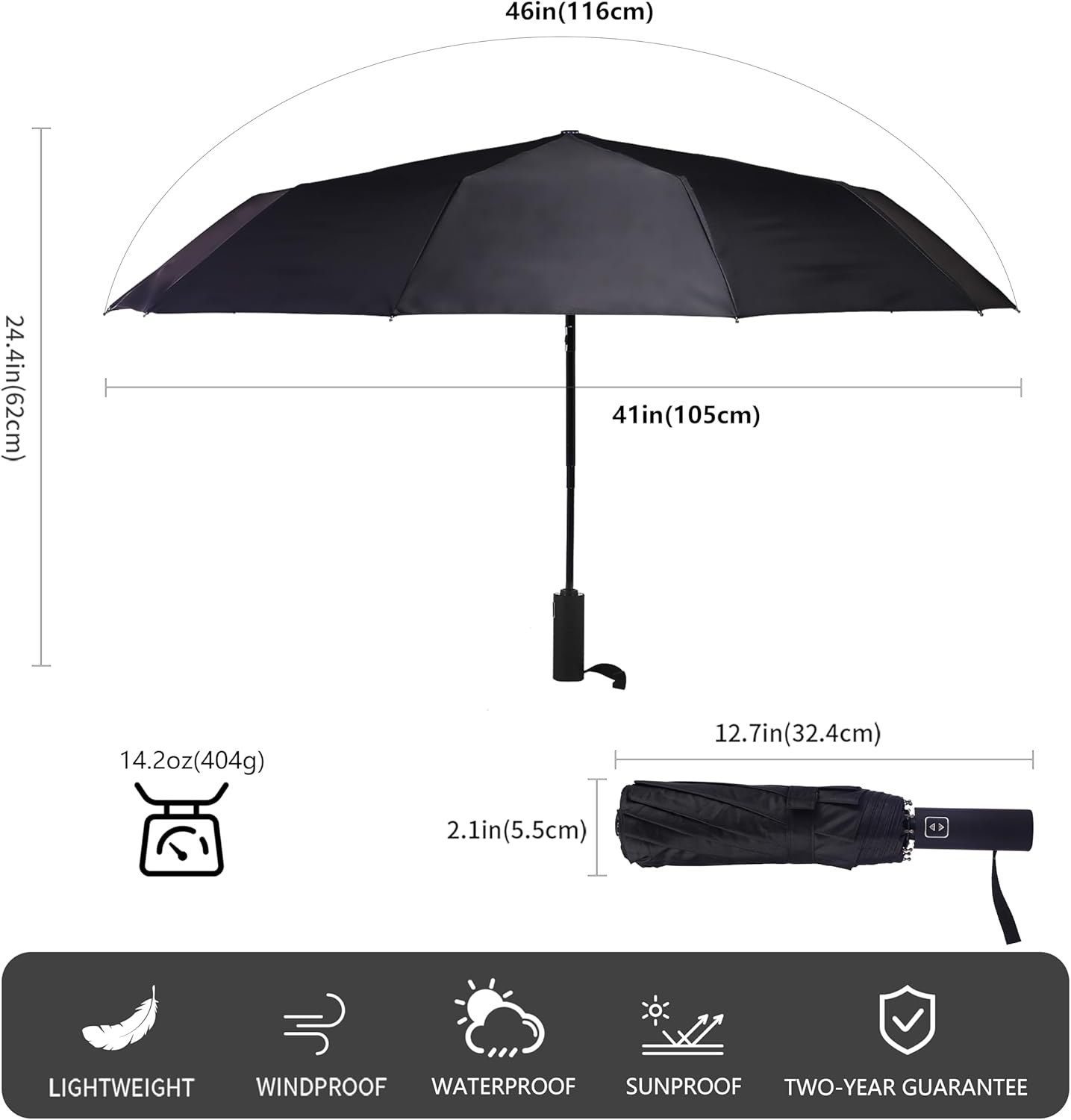 Double 10-Rib 46 Inch Compact Travel Umbrella for Rain - Sturdy Portable Windproof Umbrella - Small Automatic Folding Umbrella