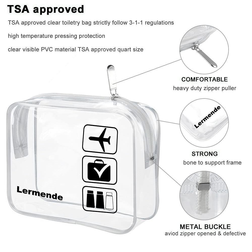 Lermende 2pcs Clear Toiletry Bag TSA Approved Travel Bag,Carry On for Travel,Airport Airline Accessories Compliant Bag,Quart Sized Makeup Cosmetic bag Women Men (Clear, 3 Pack)