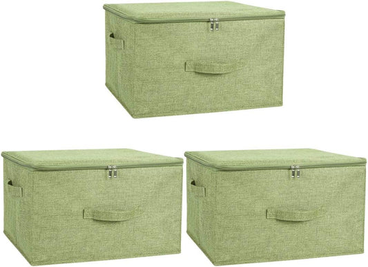 ANMINY 3PCS Storage Bins with Zipper Lids 51.9 Qt Lidded Fabric Storage Boxes Baskets Cubes with Handles Collapsible Washable Cotton Linen Closet Shelf Clothes Organizer - Green, Extra Large