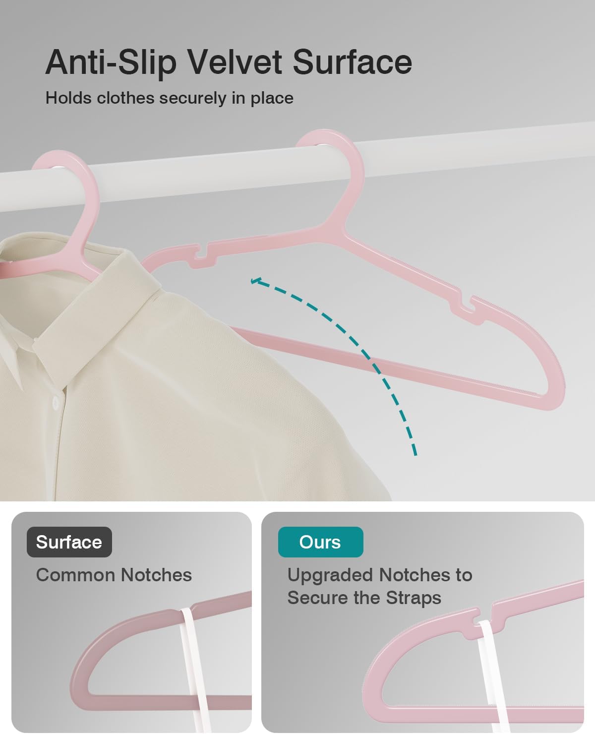100 Pack Clothes Hangers, Non Slip Plastic Coat Hangers, Space Saving, Heavy Duty, Hanging Dry Wet Clothes, 16.4" x 8.3", Light Pink, UAPY05100P
