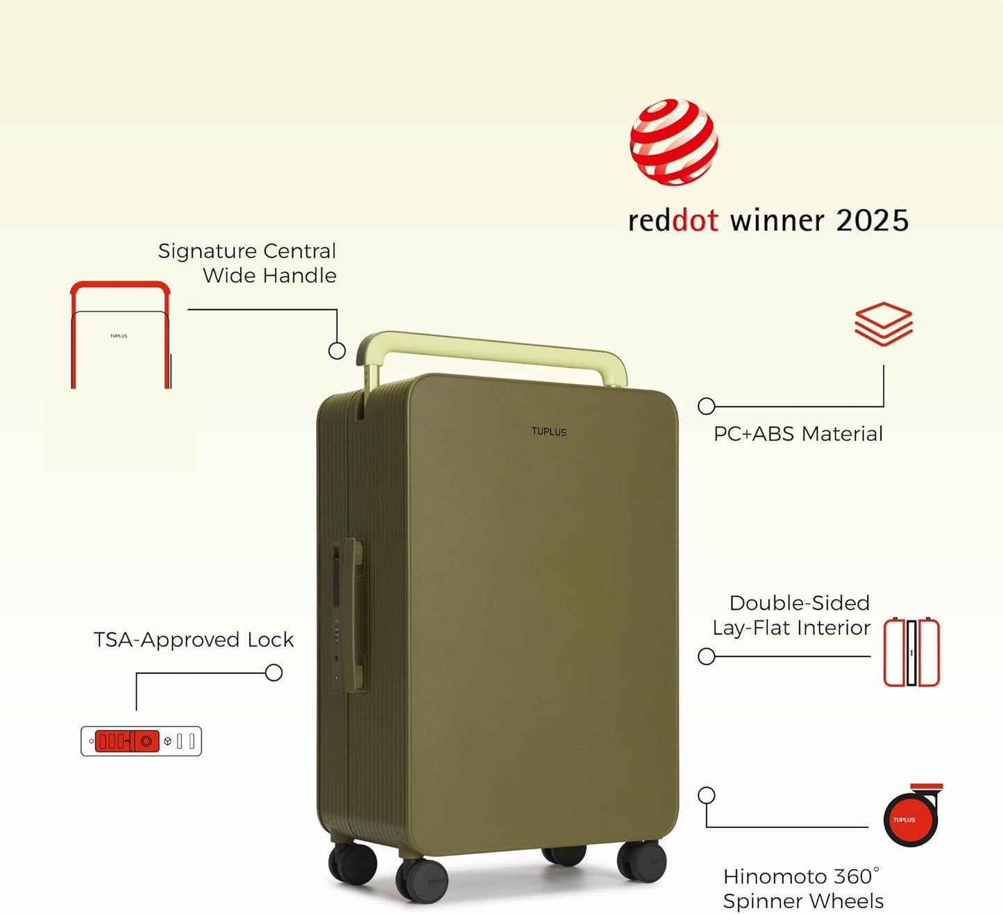 TUPLUS 20” Carry-On Hardside Luggage Lightweight ABS Travel Suitcase with Wide Handle Spinner Wheels TSA Combination Lock, Balance Series 2.0,Moss Green