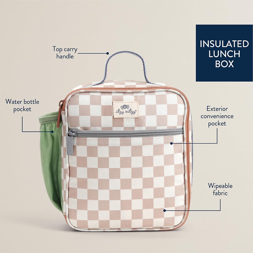 Itzy Ritzy Toddler Lunch Box - Kids Lunch Bag is Insulated and Includes Water Bottle Holder Plus 2 Pockets - Durable, Easy to Clean Toddler Bag (Checkerboard)
