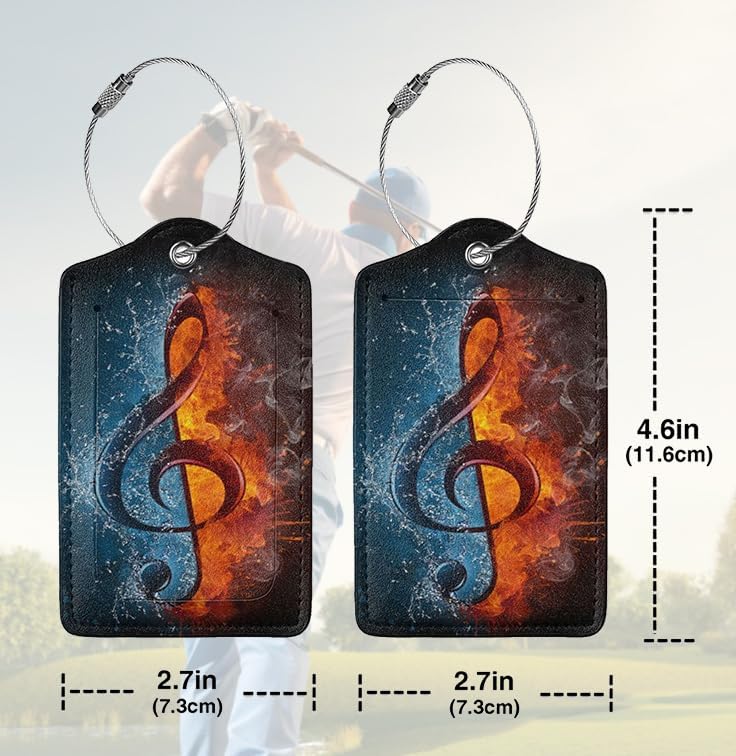 2 Pack Luggage Tags for suitcases Funny Music Water fire Luggage Tag, Leather Stainless Steel Loop Label Tag for Men Women Travel Bag Suitcase(Music Water fire)