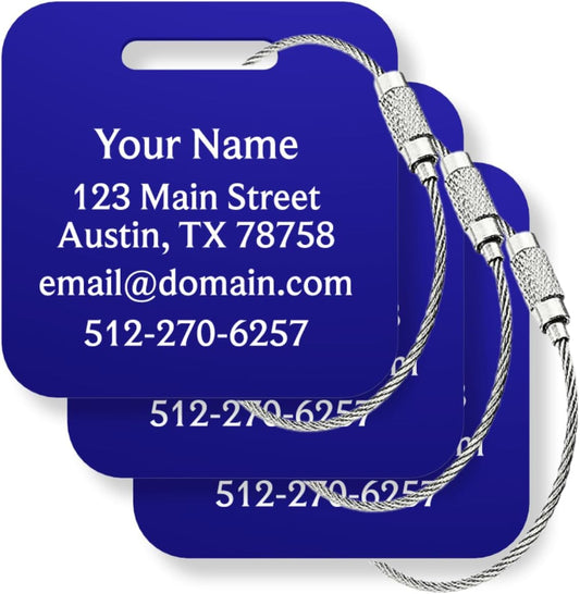 Custom Metal Luggage Tags (3 or 6 Pack) - Personalized Unique Suitcase & Backpack Travel, Durable, Waterproof & Heavy Duty (Blue)