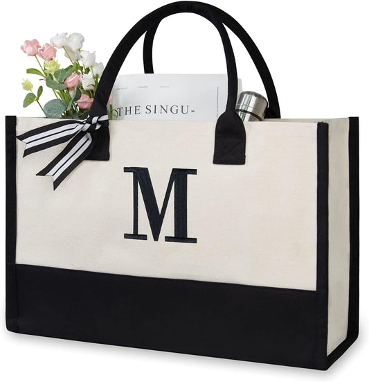 TOPDesign Embroidery Initial Canvas Tote Bag, Personalized Present Bag, Suitable for Wedding, Birthday, Beach, Holiday, is a Great Gift for Women, Mom, Teachers, Friends, Bridesmaids (Letter M)