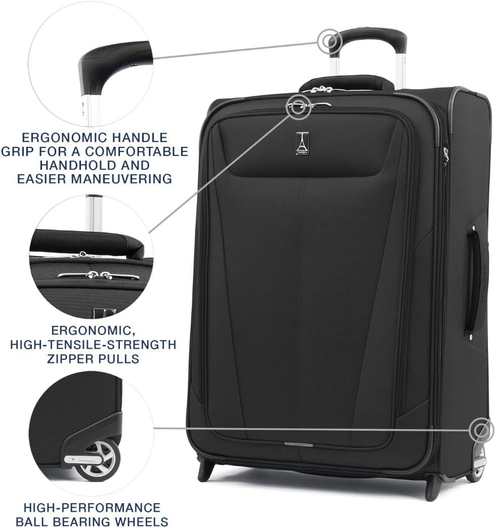 Travelpro Maxlite 5 Softside Expandable Upright 2 Wheel Checked Luggage, Lightweight Suitcase, Men and Women, Black, Checked Medium 26-Inch