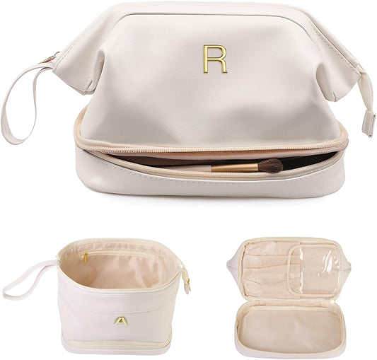 Birthday Gifts for Women, Initial Makeup Bags for Teens Girls, Double Layer Cosmetic Bag with Makeup Brush Organizer, Travel Toiletry Bag, Maid of Honor Gifts-Travel Gift For Female
