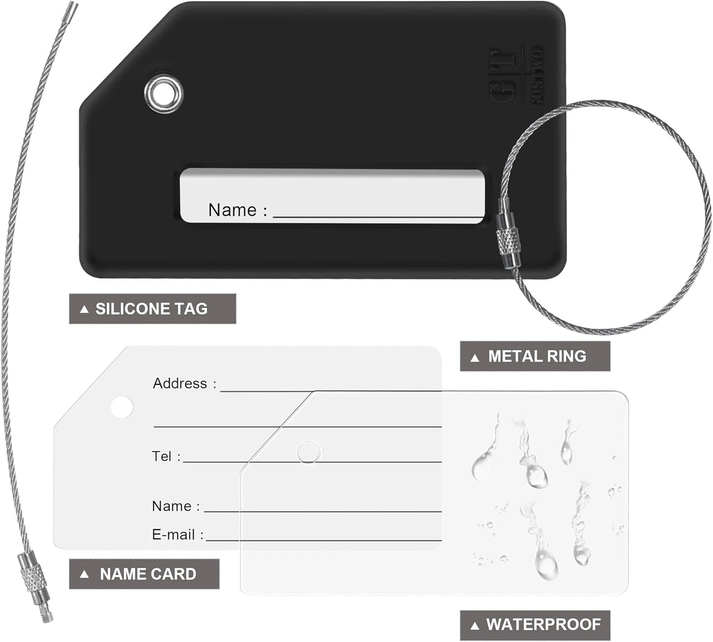 8 Pcs Luggage Tags for Suitcases, 26 Initial Letter Travel Luggage Baggage Identification Labels ID Tags Fully Bendable Tags with Stainless Steel Loop (Letter S, Black)
