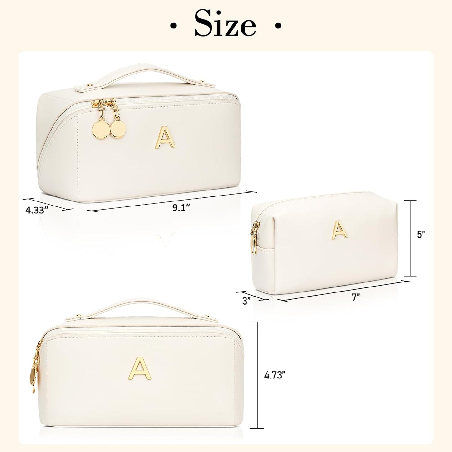 Birthday Gifts for Women Teen Girl, Personalized Initial Makeup Organizer Bag Set, Open Flat Travel Cosmetic Bag With Clear Divider and Handle(Beige,A)