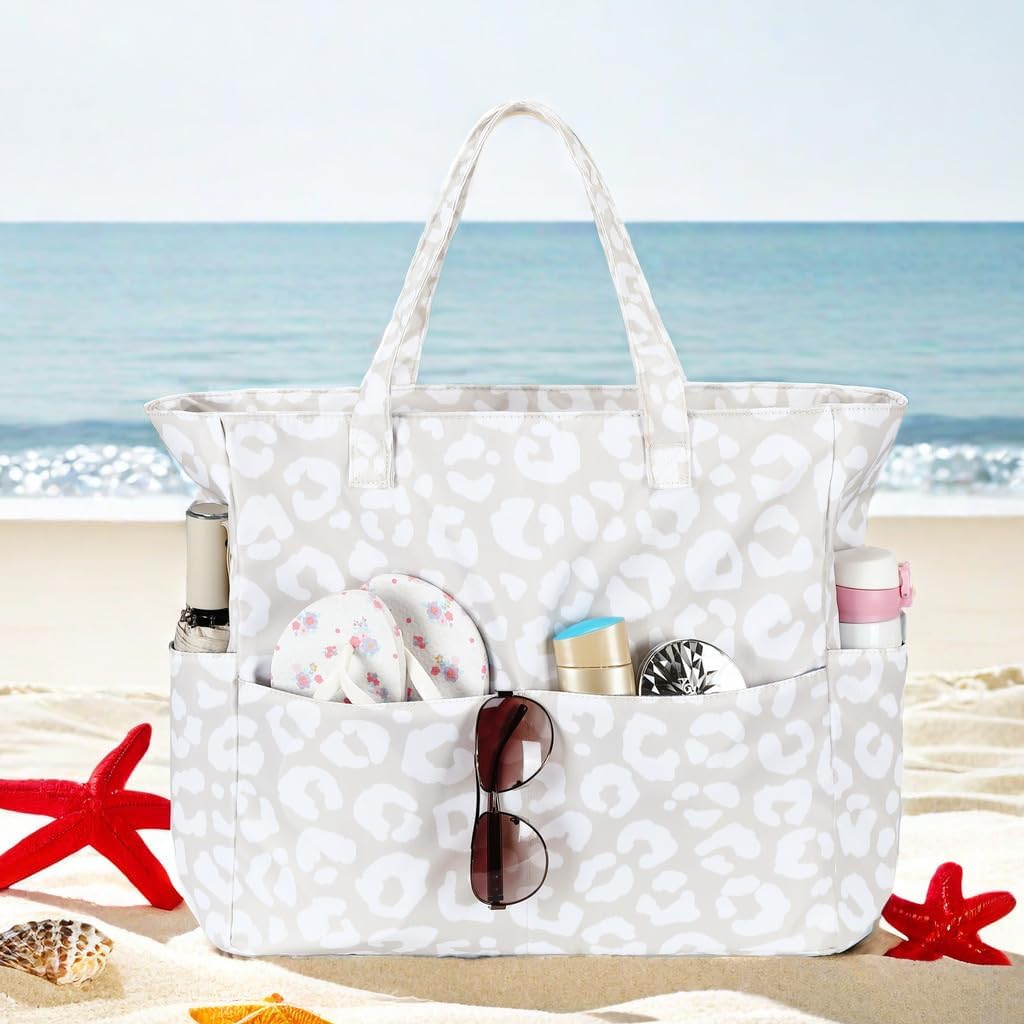 LEDAOU Large Beach Tote Bag Women Waterproof Sandproof Zipper Beach Tote Bag for Pool Gym Grocery Travel with Wet Pocket