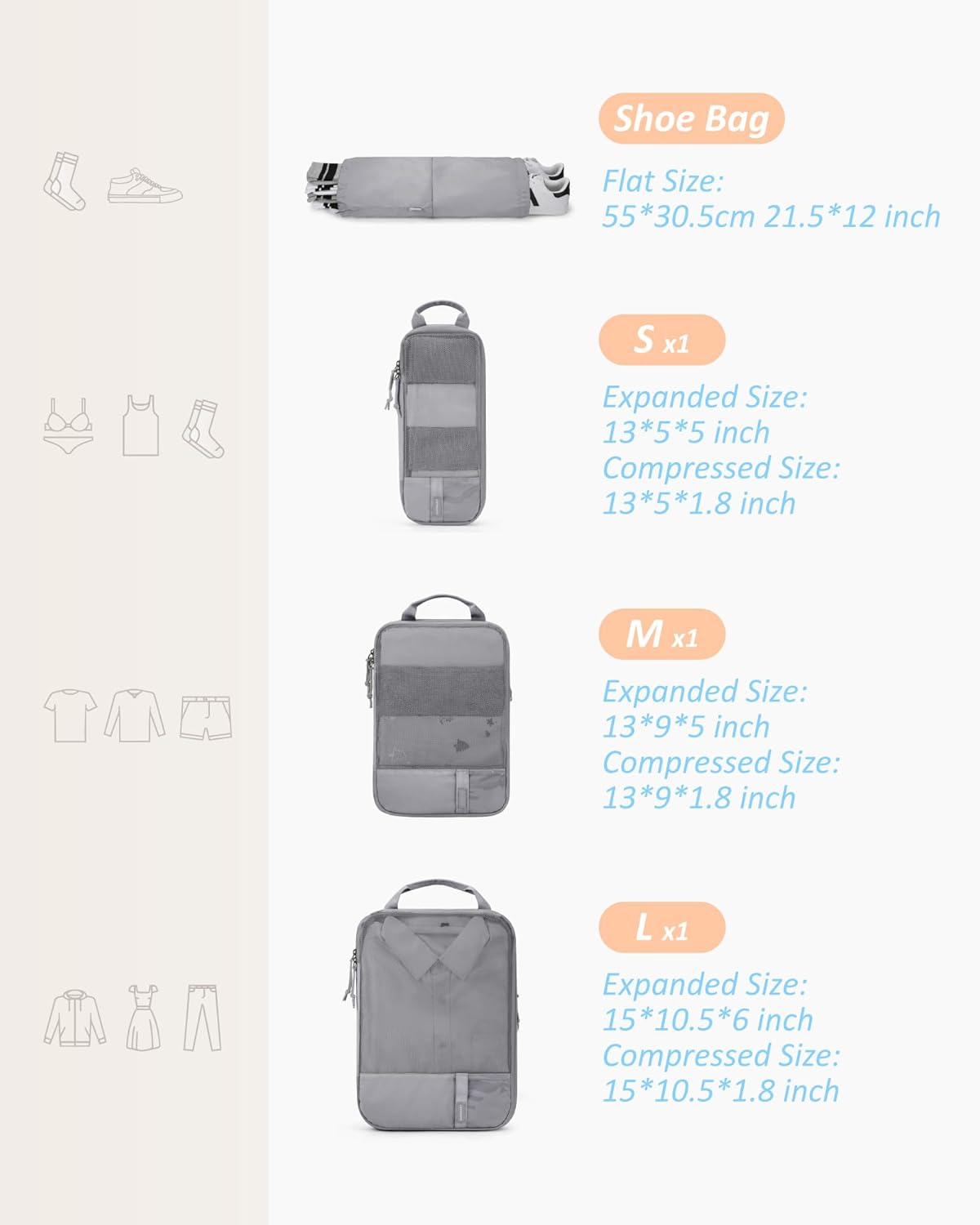 BAGSMART 6 Set Compression Packing Cubes - Lightweight Travel Essentials, Durable Luggage Organizer