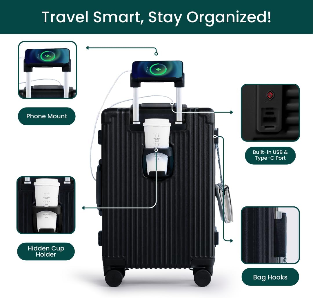 Nobl Travel Carry On Luggage, Noble Zipperless Aluminum Frame PC Hard Shell Suitcase, 20.8"x15"x8.7" Airline Approved, 360° Spinner Wheels, TSA Locks, USB Charging Port, Cup & Phone Holder - Black