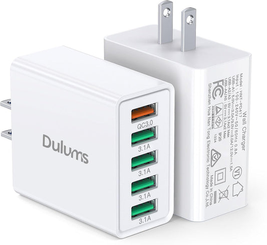 50W USB Wall Charger Block,2Pack 5-Port Charger Fast Charging Block QC 3.0 Multiport Box Brick Cube USB A Wall Plug for iPhone 16/15/14 Pro Max Plus, iPad,Galaxy, LG, Moto, Android Phones,AirPorts