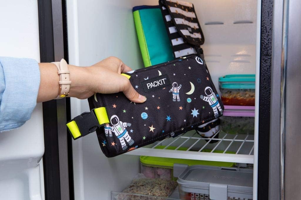 PackIt Freezable Snack Box, Spaceman, Built with ECOFREEZE Technology, Collapsible, Reusable, Zip Closure with Buckle Handle, Great for All Ages and Fresh Snacks on the go