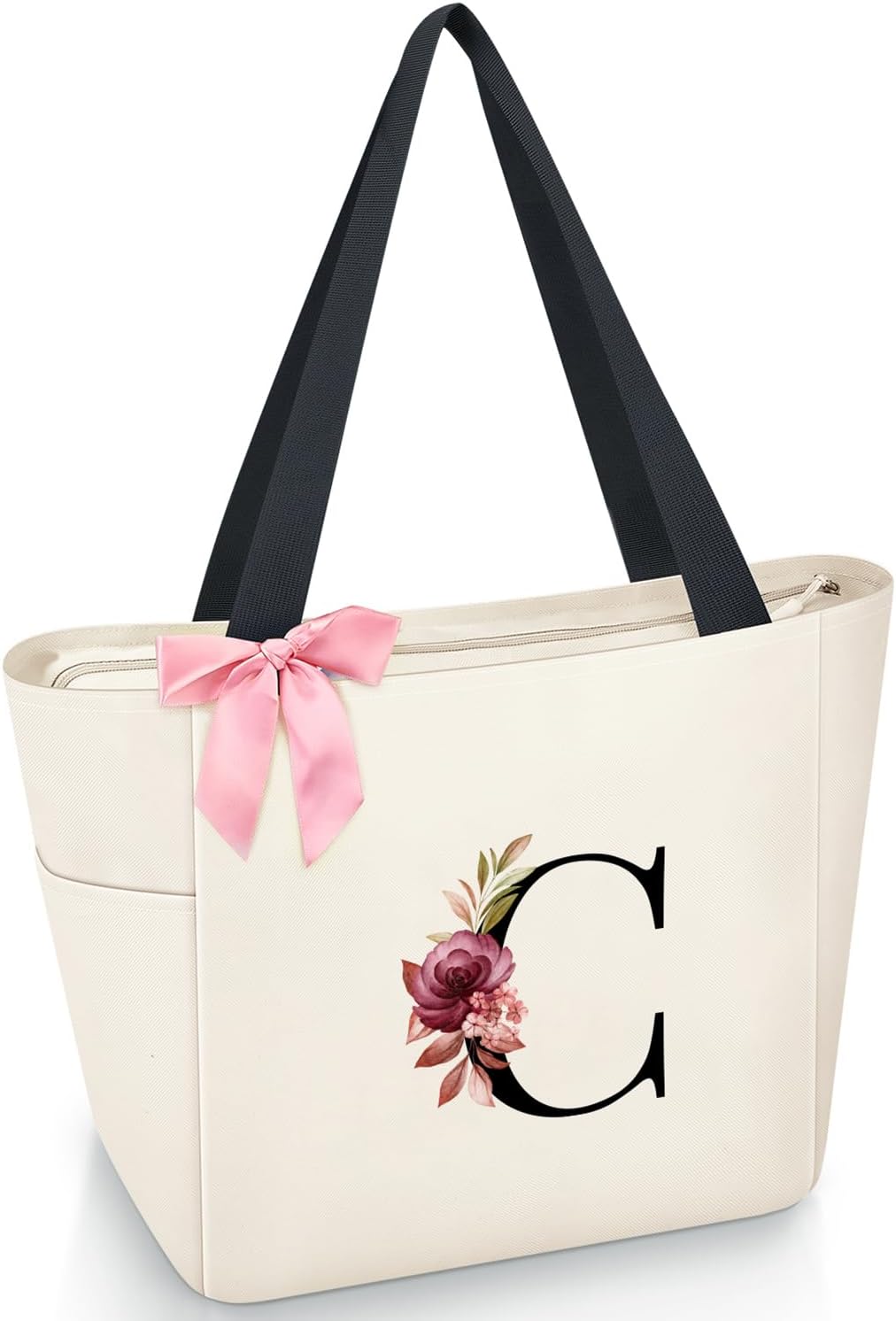 Vavabox Tote Bag, A-Z Initial Monogrammed Waterproof Tote Bag, Bridesmaid Gifts for Women, Black and Pink