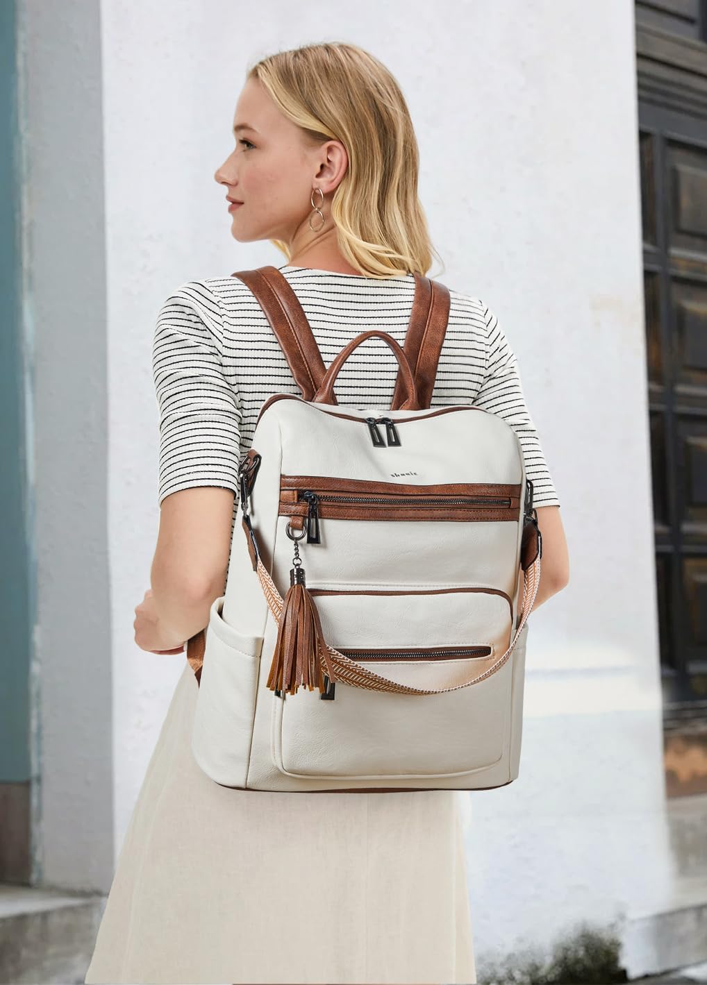Shrrie 15.6 inch Laptop Backpack for Women,Large Leather Backpack Purse,Travel,Carry on,Water Resistant Casual Laptop Backpacks,College Backpack,Work Backpack for Women,Beige with Brown