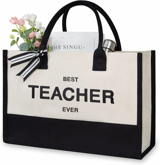 TOPDesign Embroidery Canvas Tote Bag for Women, Teacher Appreciation Gifts for Daycare, Preschool, Math, English, Music, Dance Teacher, Personalized Present Bag, Ideal for Beach, Holiday
