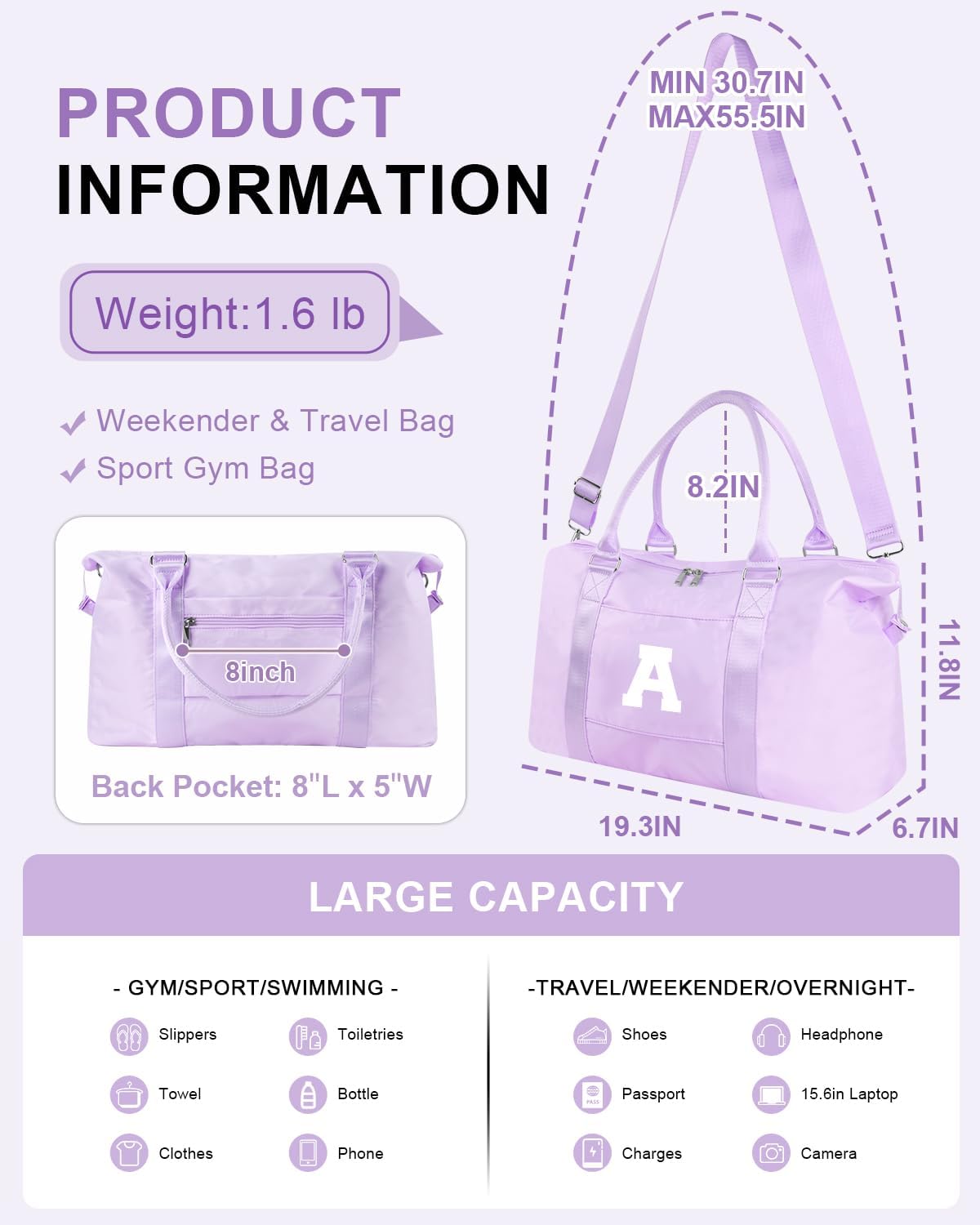 Daughter Niece Gifts for Teen Girl Kids, Initial Travel Duffel Bag Sports Gym Bag Personalized Gifts Weekender Bag，Monogram Overnight Bag Cute Dance Bag Birthday Bridesmaid Gifts for Women(Purple, A)