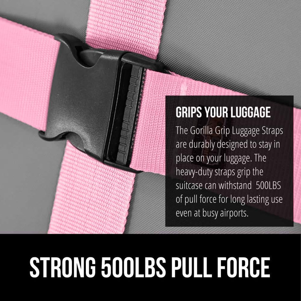 GORILLA GRIP Heavy Duty 8 Pack Adjustable Luggage Straps for Suitcases, Easy to Identify Travel Belt Connector Holds Suitcase Together, Extends Life of Bag, Strap Connects Two Bags, Accessories Pink