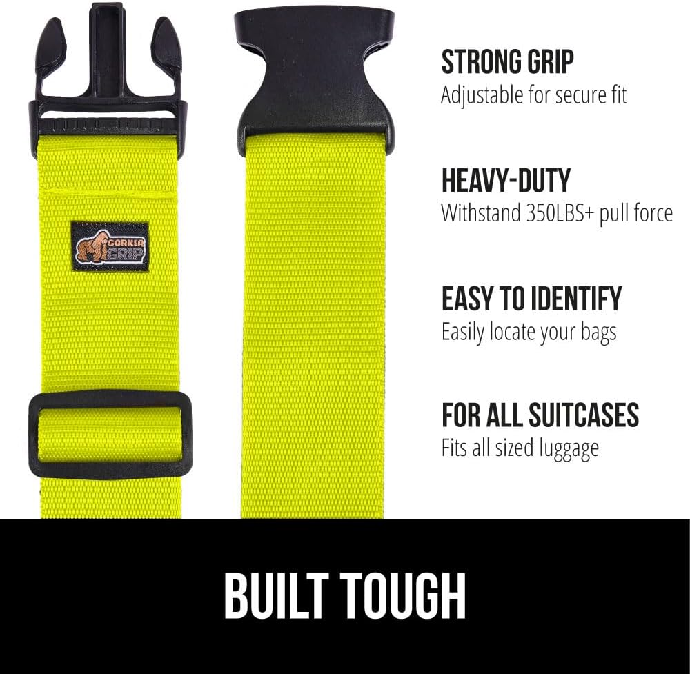 GORILLA GRIP Heavy Duty 8 Pack Adjustable Luggage Straps for Suitcases, Easy to Identify Travel Belt Connector Holds Suitcase Together, Extends Life of Bag, Strap Connects Two Bags, Accessories Yellow