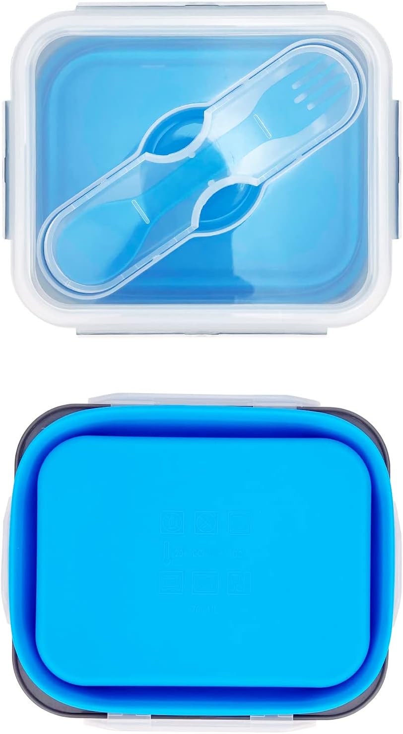 Small Silicone Collapsible Snacks Container with lid and 2 in 1 Spoon & Fork, Food Grade Silicone Bento Lunch Container, For Leftovers Meal Prep, Microwave/Freezer/Dishwasher Safe, 700ml