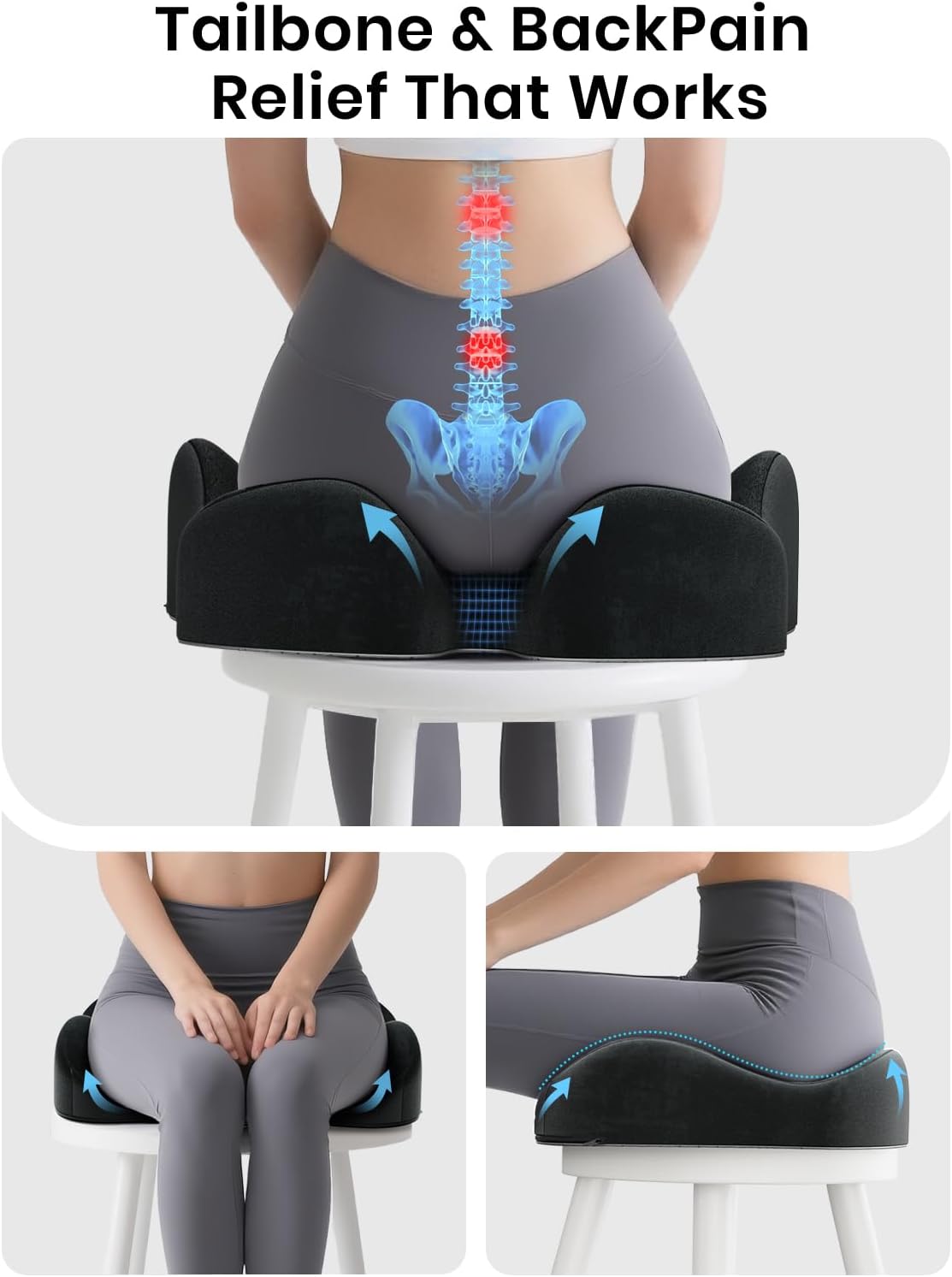 Benazcap Ergonomic Seat Cushion -Large Memory Foam Office Chair Cushion Seat Pad - Sciatica & Lower Back Pain Relief - Car Seat Cushions for Driving Seat Cushions