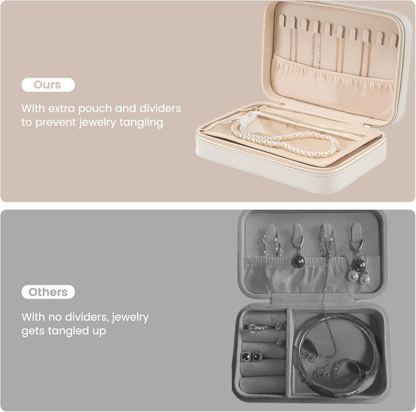 Lolalet Travel Jewelry Case for Women, Travel Jewelry Organizer Box with Mirror & Clear Storage Bag, Small Portable Traveling Earring Necklace Bracelet Ring Case, Bridesmaid Gifts -Medium, White