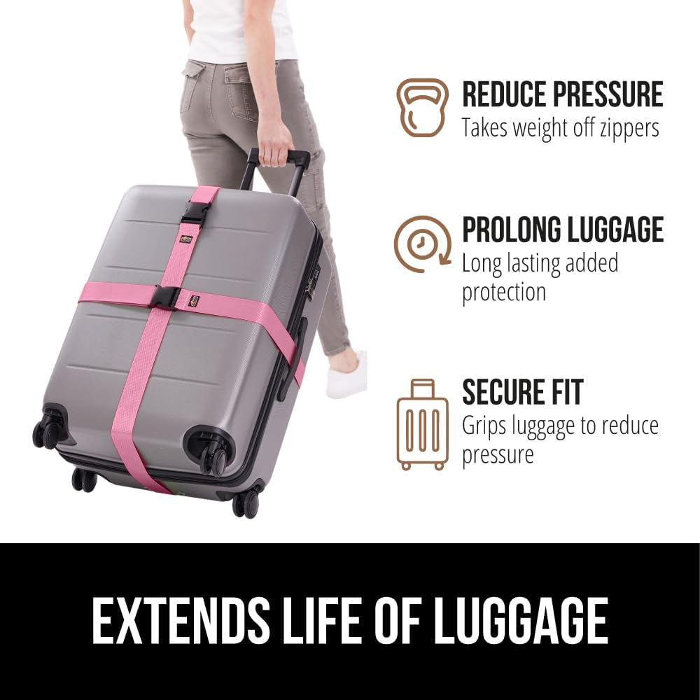 GORILLA GRIP Heavy Duty 4 Pack Adjustable Luggage Straps for Suitcases, Easy to Identify Travel Belt Connector Holds Suitcase Together, Extends Life of Bag, Strap Connects Two Bags, Accessories Pink