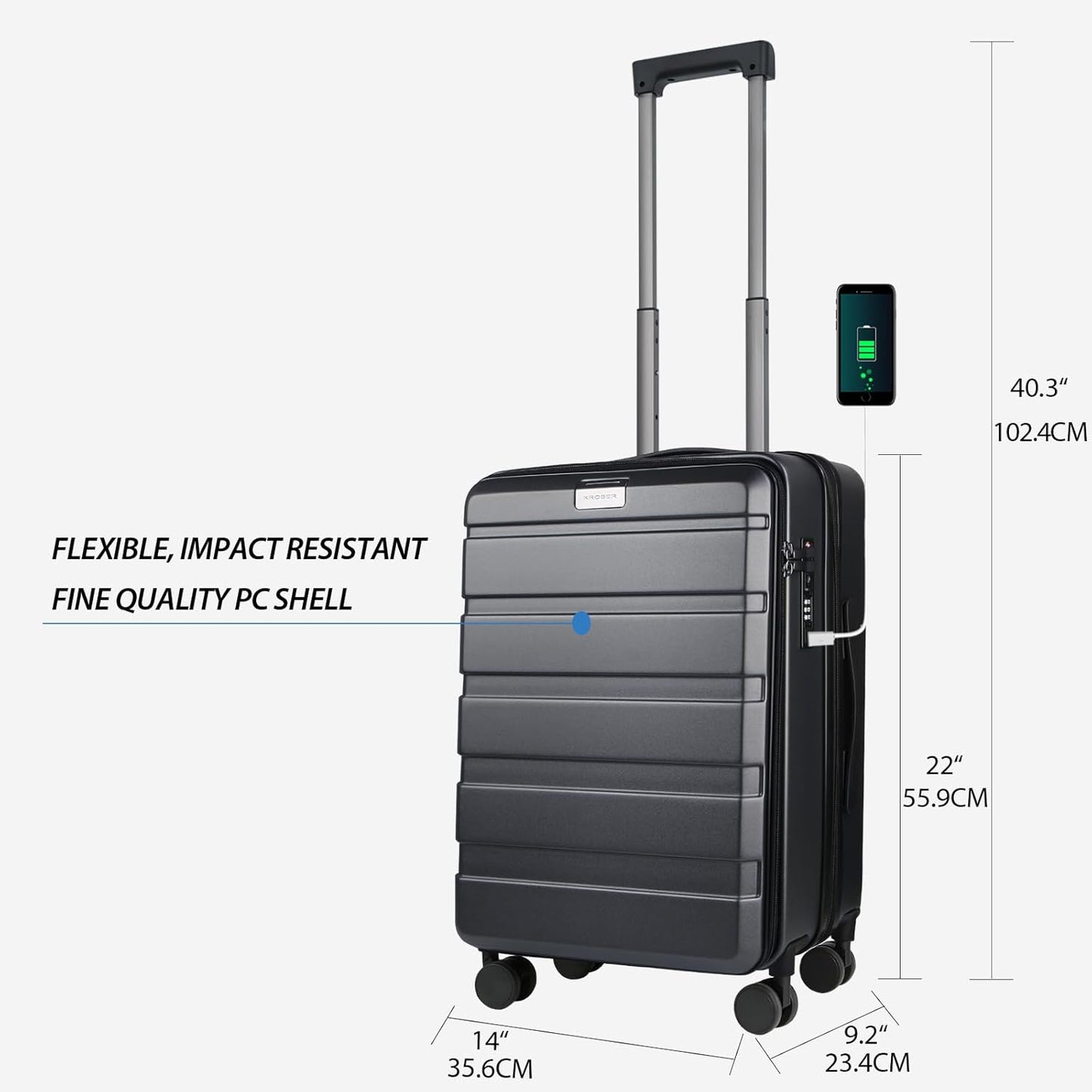 KROSER Carry On Luggage with Spinner Wheels & Built-in TSA Lock, Expandable Top Loading Hard Shell Suitcase Large Capacity Durable Rolling Luggage with USB Port, Carry-On 20-Inch, Steel Grey