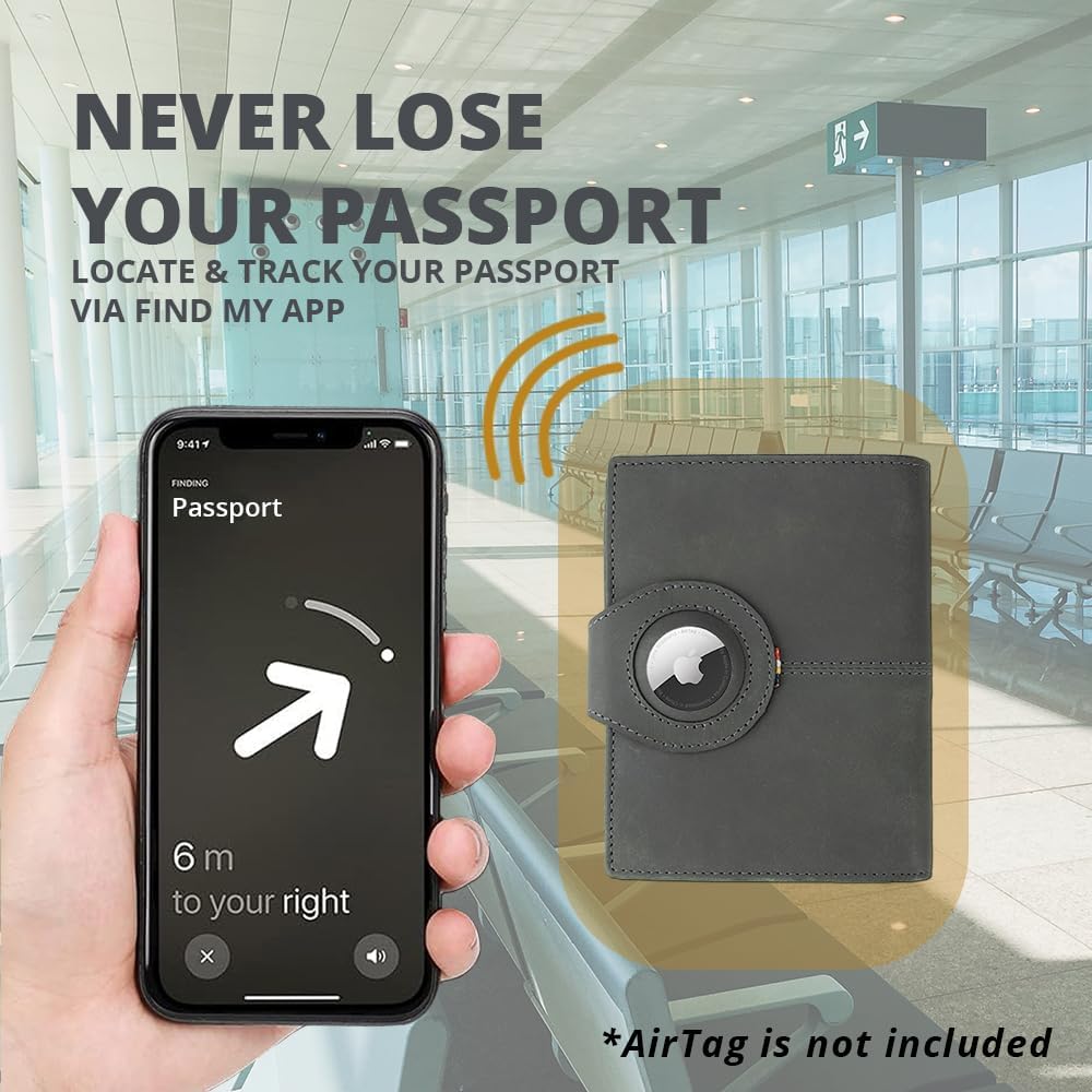 GARZINI Passport Holder with AirTag, Passport Wallet with RFID, Travel Accessories, Travel Document Holder with ID Window, Leather Passport Holder for 7 Cards, Carbon Black