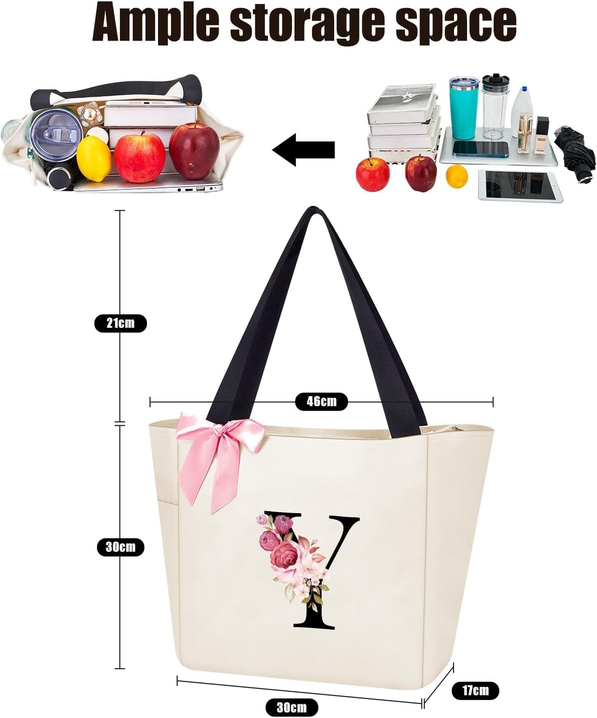 Vavabox Tote Bag, A-Z Initial Monogrammed Waterproof Tote Bag, Bridesmaid Gifts for Women, Black and Pink