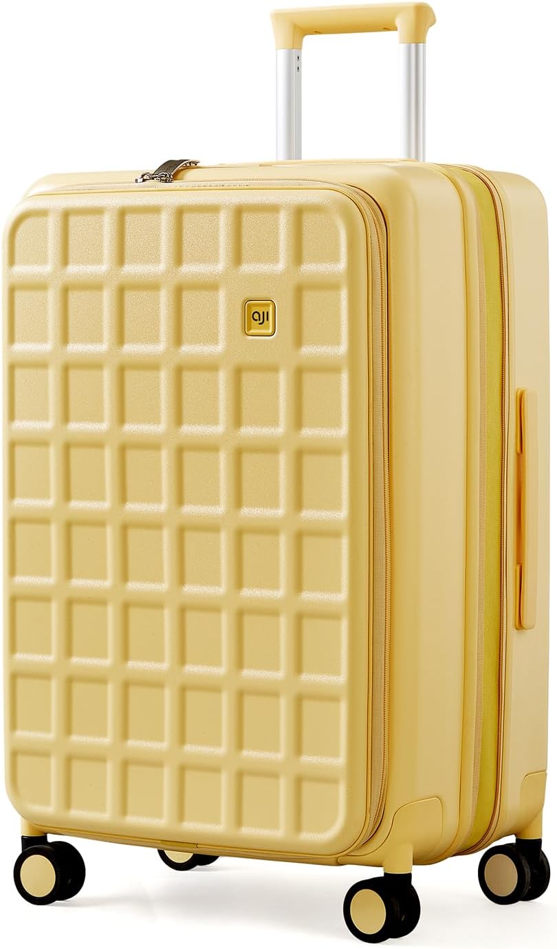 aji Expandable Top Opening 24 Inch Checked Luggage with Spinner Wheels, Large Suitcase with TSA Lock, Hard Shell Travel luggage Suitcases for Men Women, for 12+Days Travel, Cheese Yellow