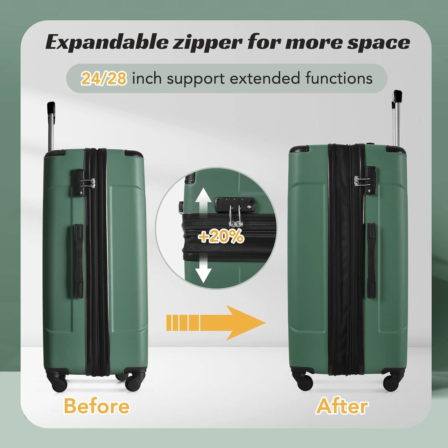 Merax Luggage Sets 2 Piece Suitcases with Wheels, Hardshell ABS Expandable and Lightweight, TSA Lock, Spinner Wheels, Carry On Luggage with Corner Guards (20 28 inch Green)