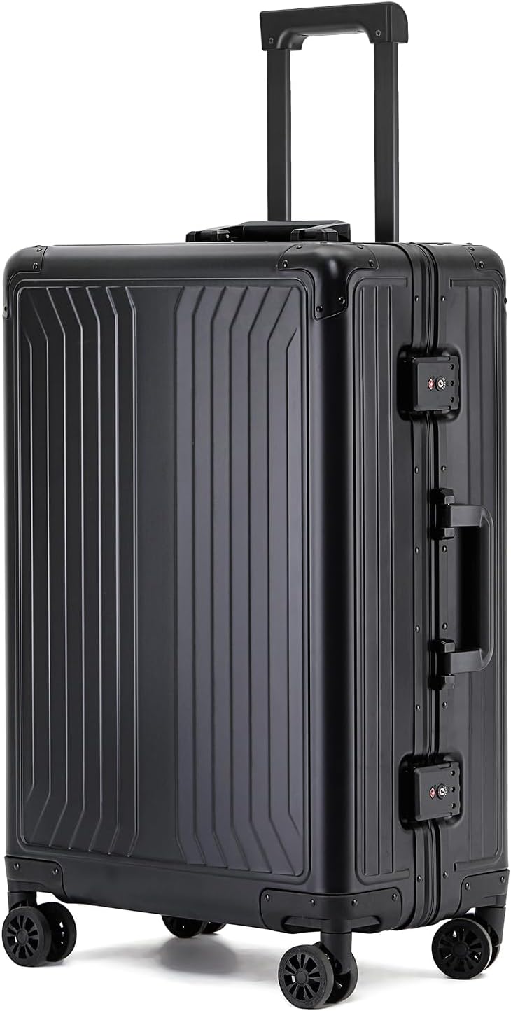 Metal all aluminum carry-on suitcase 20 "hard face, TSA lock and rotating wheel zippered luggage set (black, 28 '')