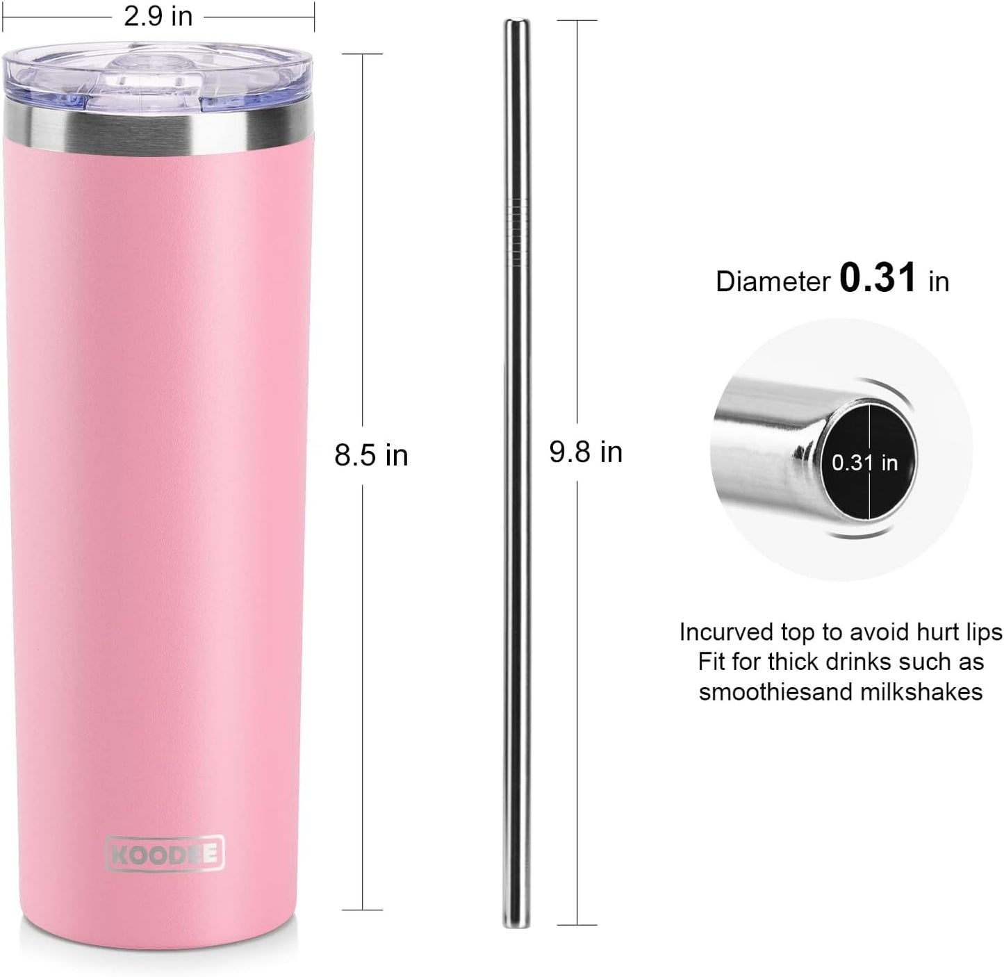 koodee 20 oz Stainless Steel Skinny Tumblers (4 Pack) Double Wall Insulated Water Tumbler Cup with Lids, Straws and Straw Brushes (Teal/Purple/Pink/Black)