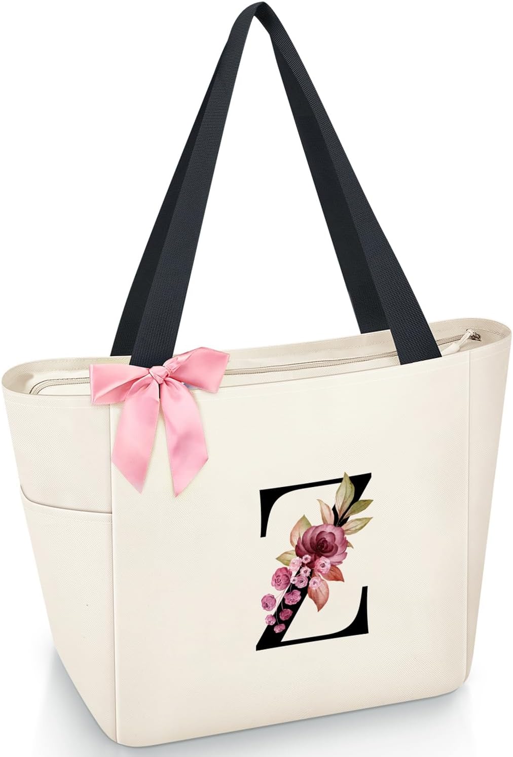 Vavabox Tote Bag, A-Z Initial Monogrammed Waterproof Tote Bag, Bridesmaid Gifts for Women, Black and Pink
