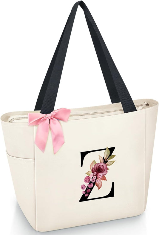Vavabox Tote Bag, A-Z Initial Monogrammed Waterproof Tote Bag, Bridesmaid Gifts for Women, Black and Pink