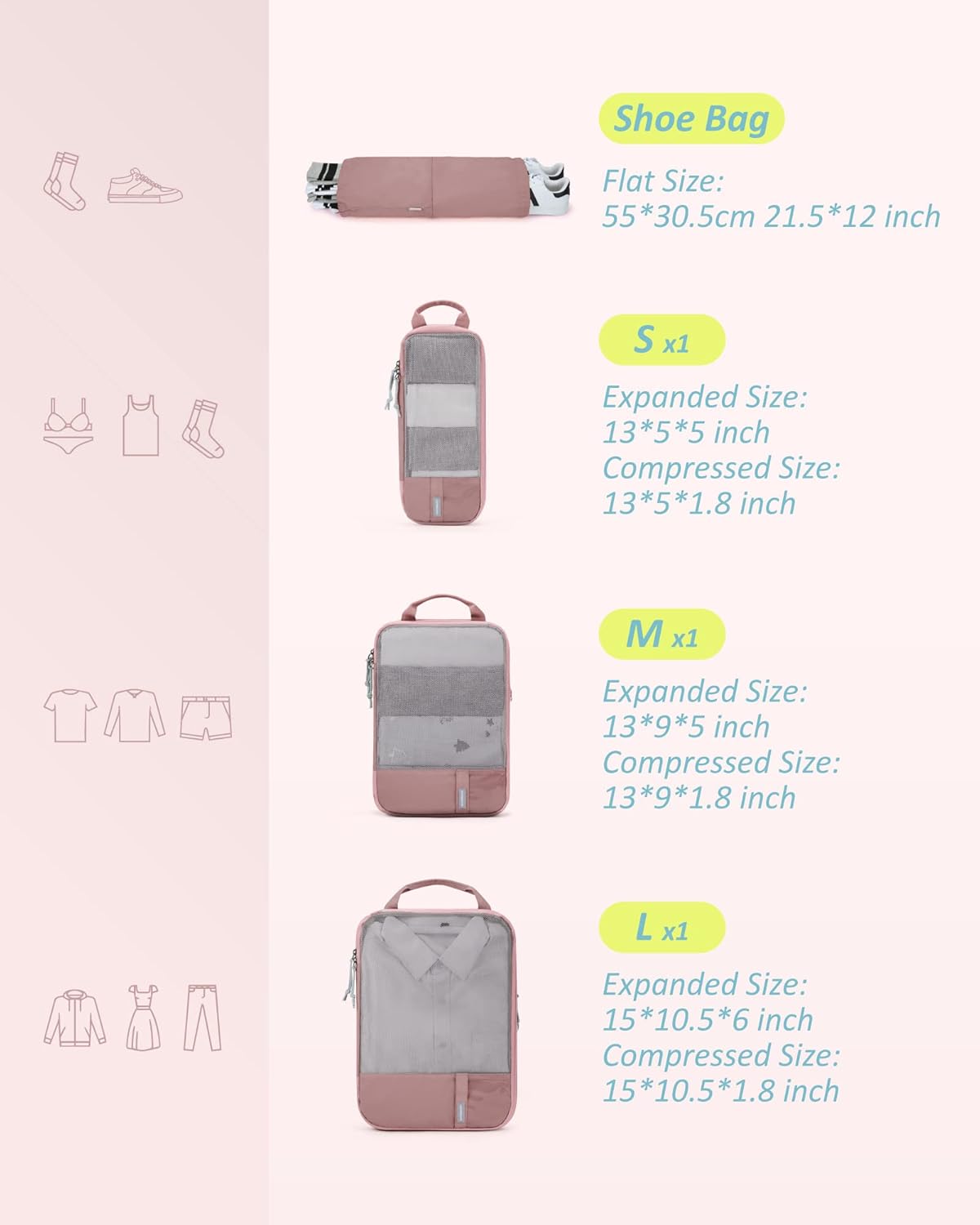 BAGSMART 6 Set Compression Packing Cubes - Lightweight Travel Essentials, Durable Luggage Organizer